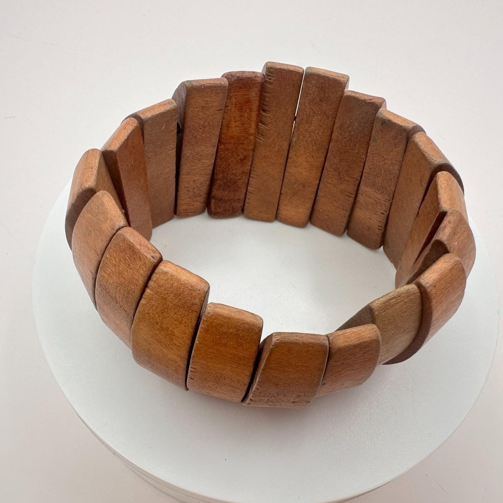 Vintage 80s Wooden Panel Link Bracelet Segmented Chunky Ethnic Cuf Retro Jewelry View 5